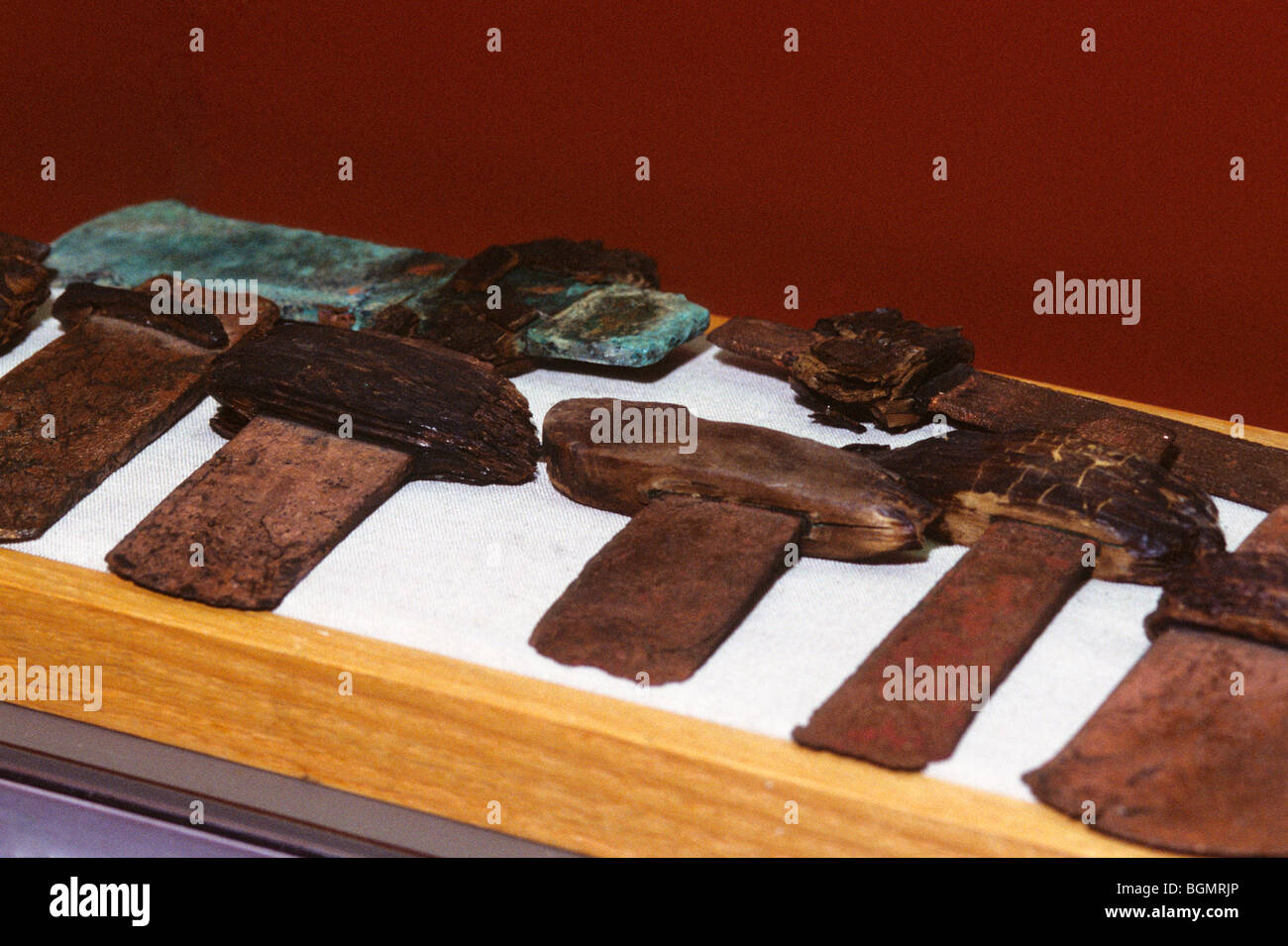 Display of stone tools, axe heads and blades that were used during 1000-1500 A.D. by the Mississippian Culture, Etowah Mounds, Cartersville Georgia Stock Photo