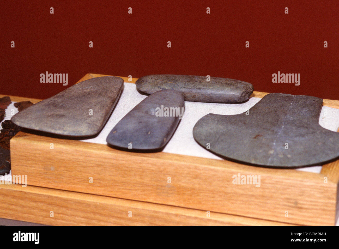 Display of stone tools, axe heads and blades that were used during 1000-1500 A.D. by the Mississippian Culture, Etowah Mounds, Cartersville Georgia Stock Photo