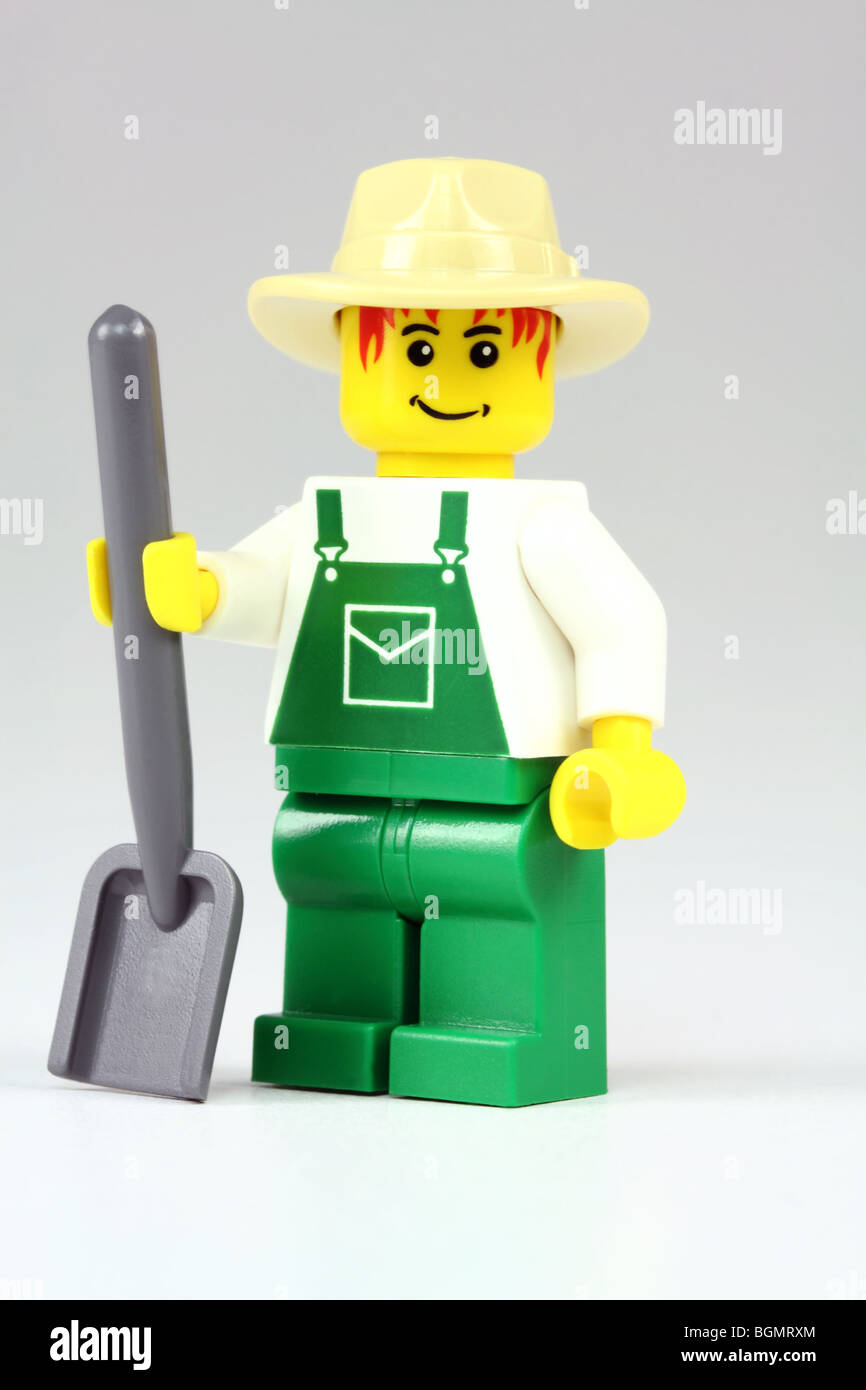 Lego farmer with shovel Stock Photo