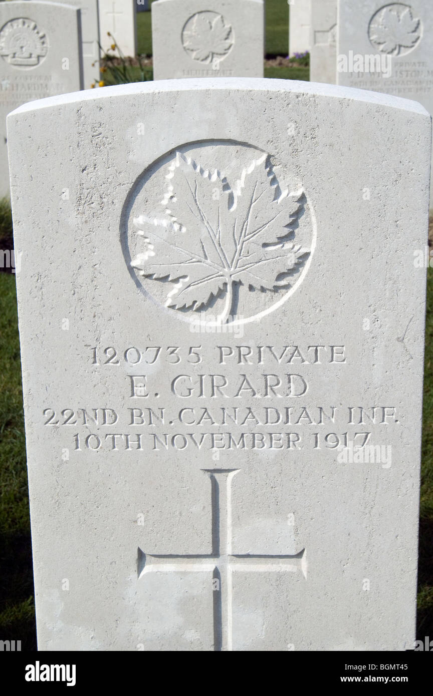 WW1 headstone at the First World War One Tyne Cot Cemetery, Passendale, West Flanders, Belgium