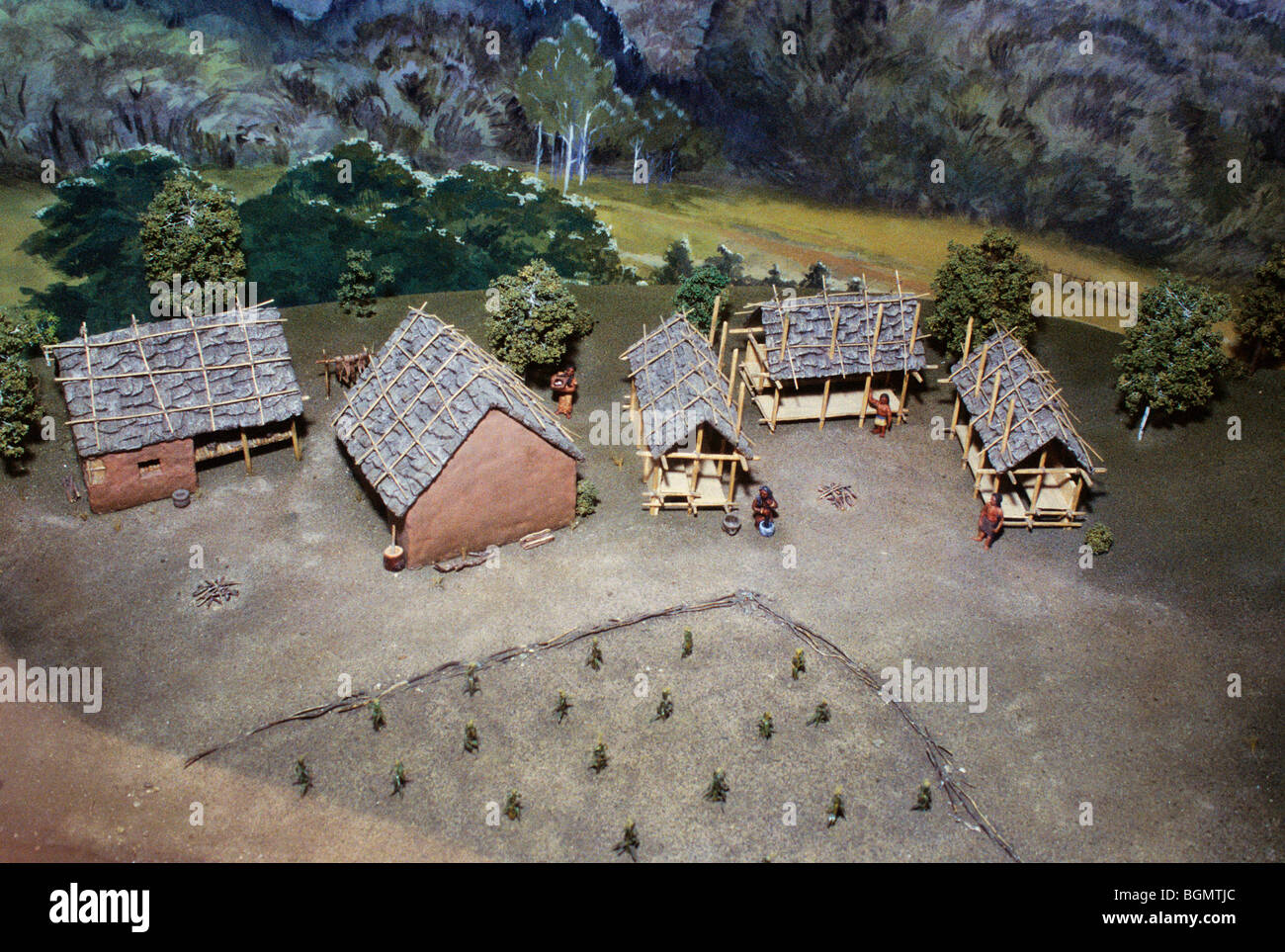 Model of a traditional Cherokee village with winter and summer homes and a village garden. Stock Photo