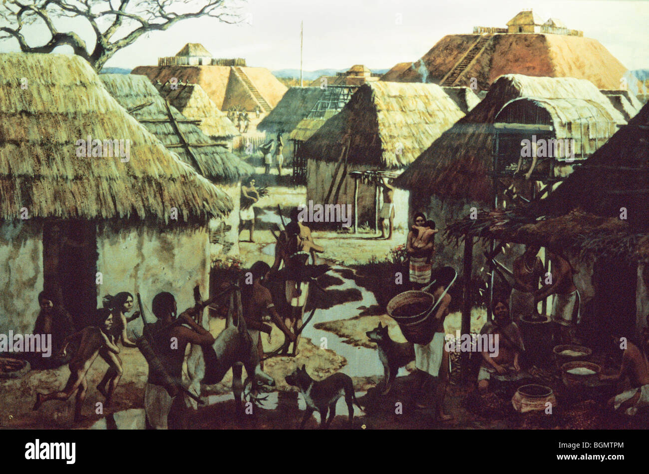 Mural of a typical Mississippian Period village and what Etowah Indian Mounds daily life would have been 1000-1500 A.D., Cartersville Georgia Stock Photo