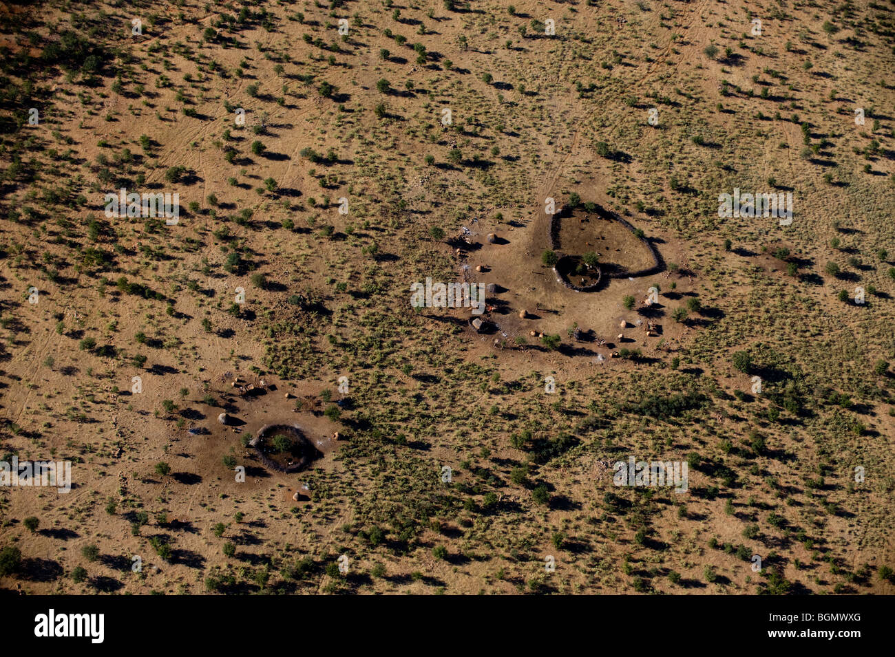 Aerial views of Himba settlements, Kaokoland, Namibia. Stock Photo