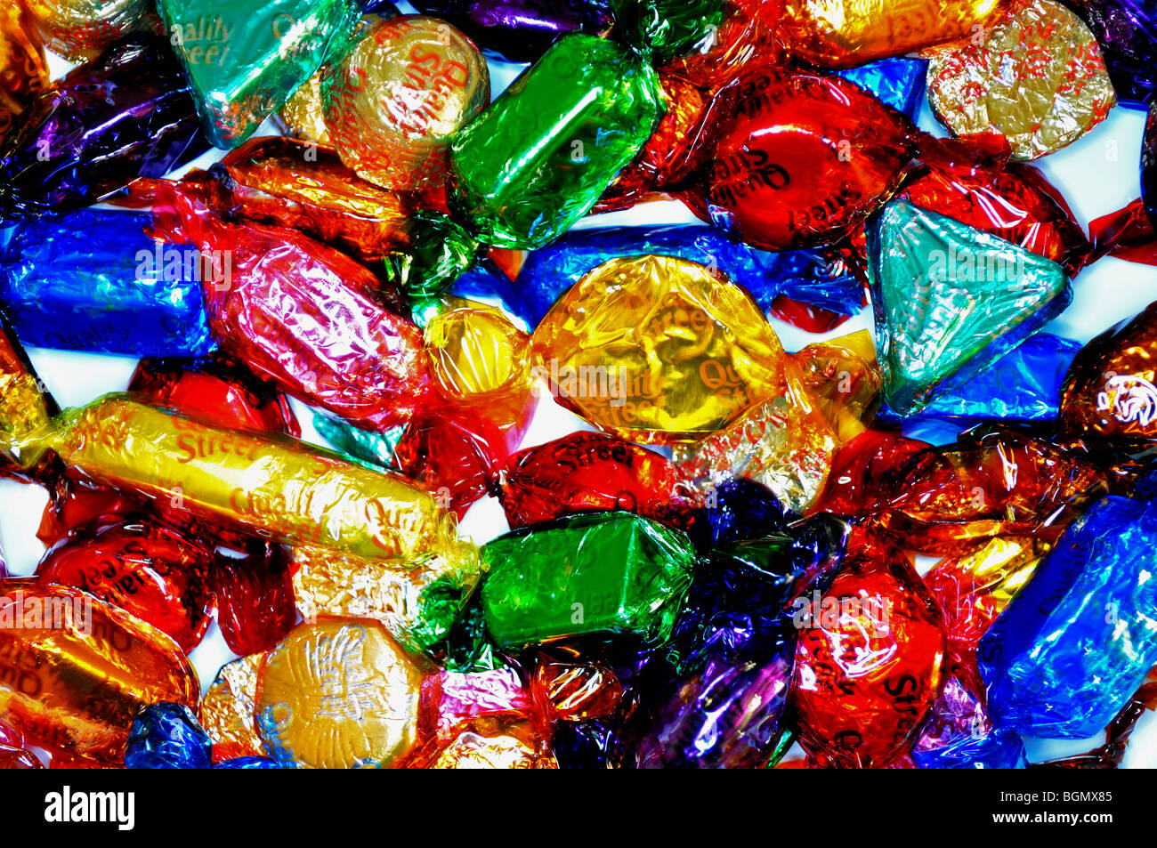 a close up of quality street chocolates Stock Photo