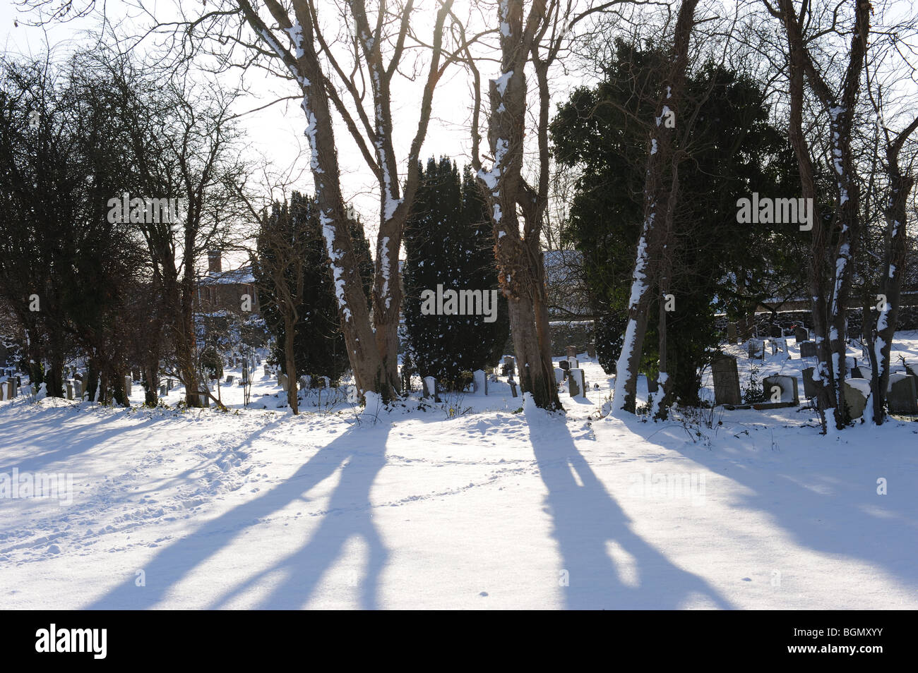 Snow landscape scenic field winter Christmas hill white ice cold blue sky trees hedgerow footprints English British UK Stock Photo