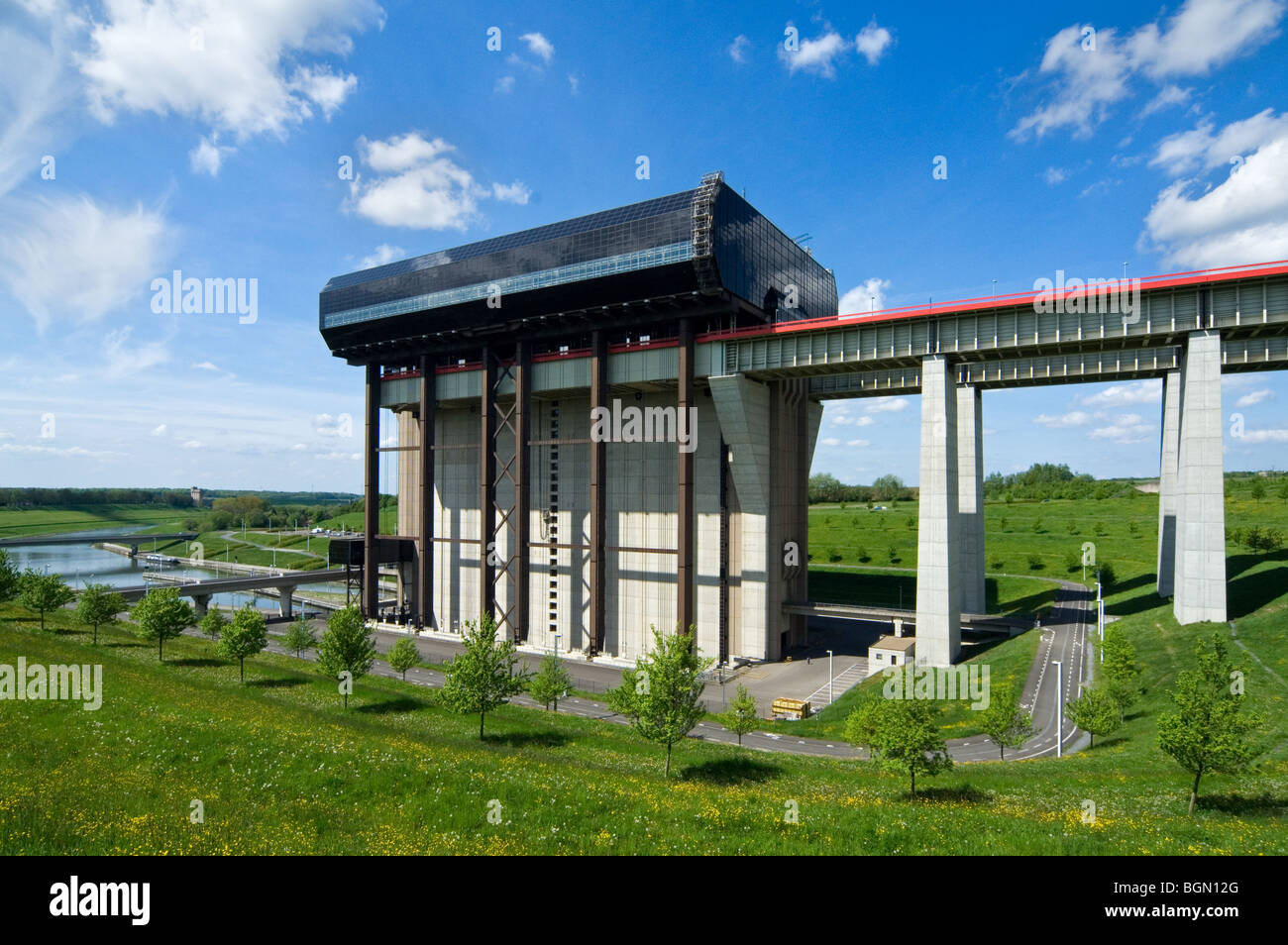 Strépy-Thieu, tallest boat lift in the world, at the Canal du Centre, Le Rœulx, Hainaut, Belgium Stock Photo