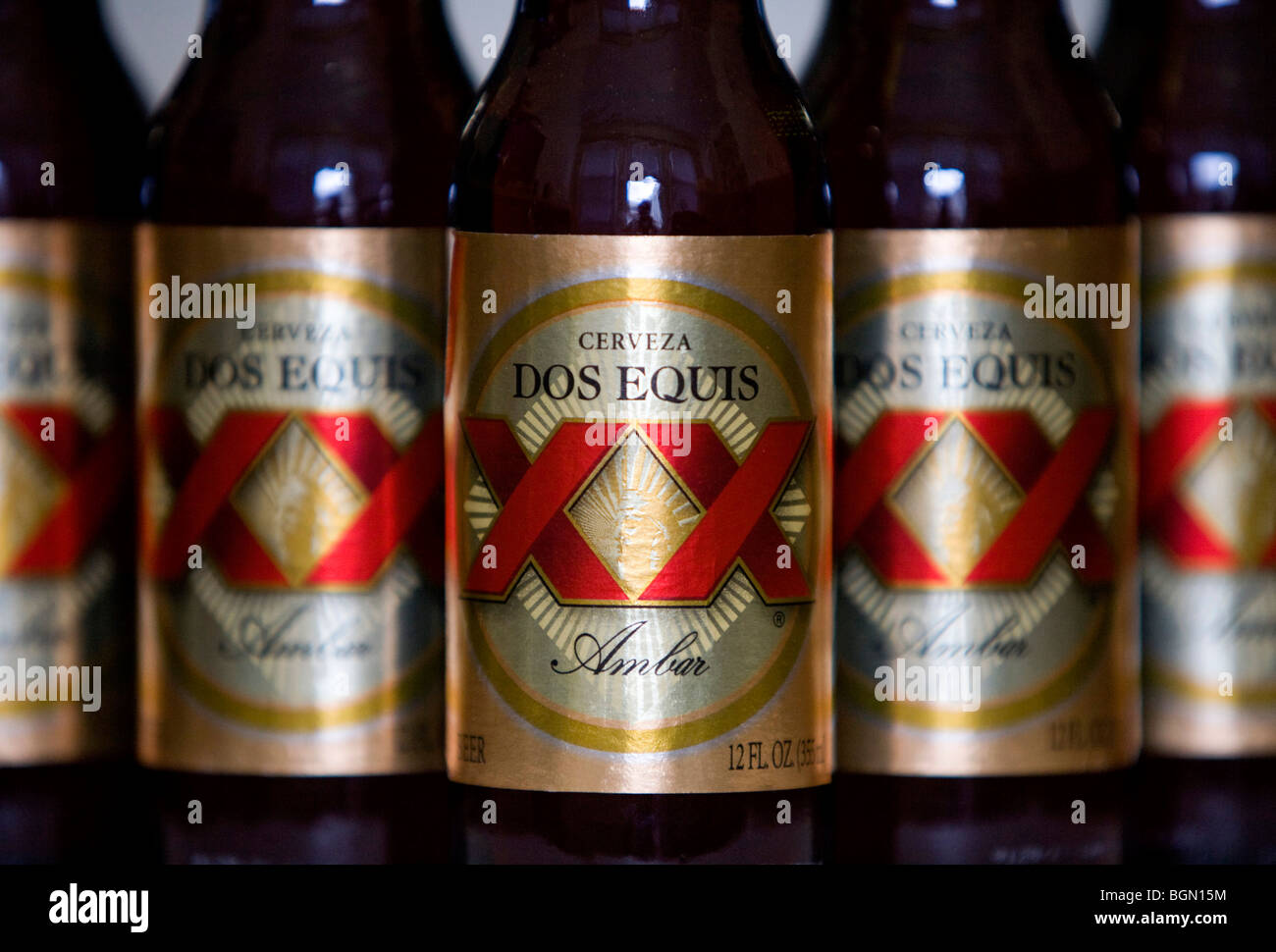 Dos Equis beer bottles.  Stock Photo