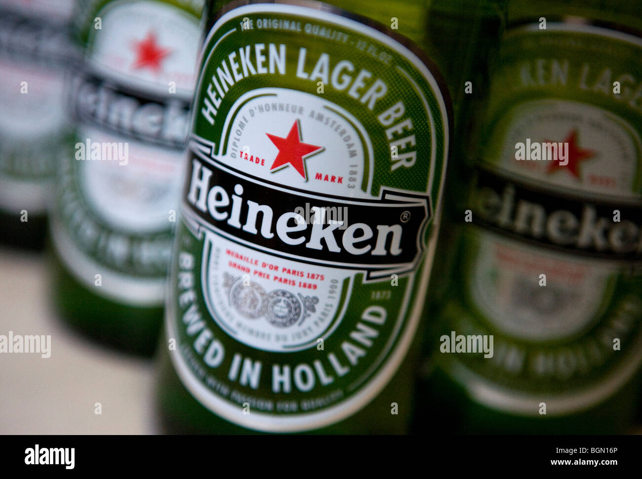 Heineken beer bottles.  Stock Photo