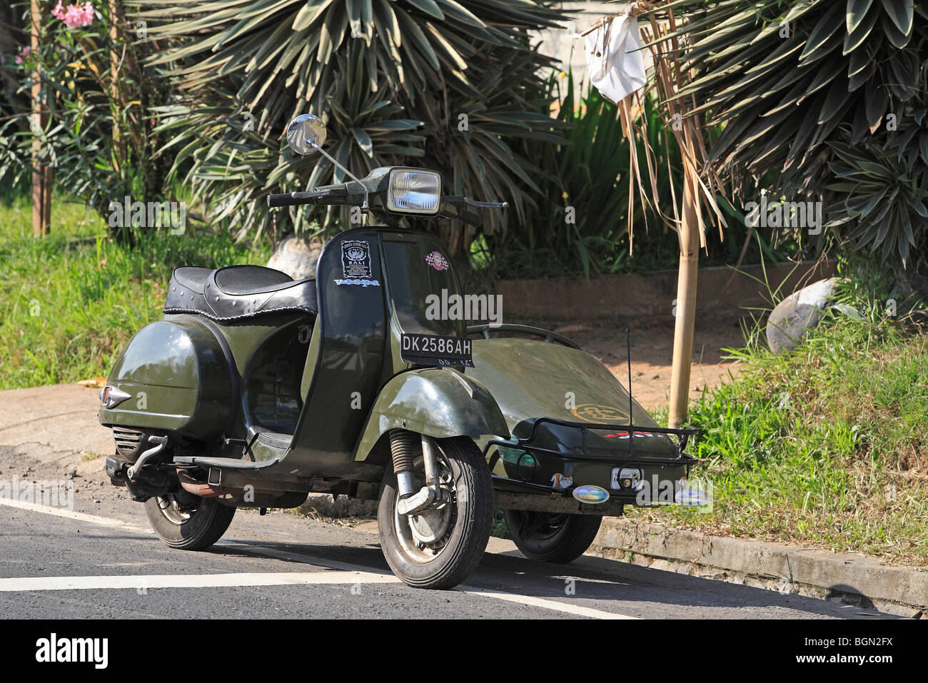 Green Vespa Piaggio scooter with Sidecar, Tegallelang Village, Ubud, Bali, Indonesia Stock Photo