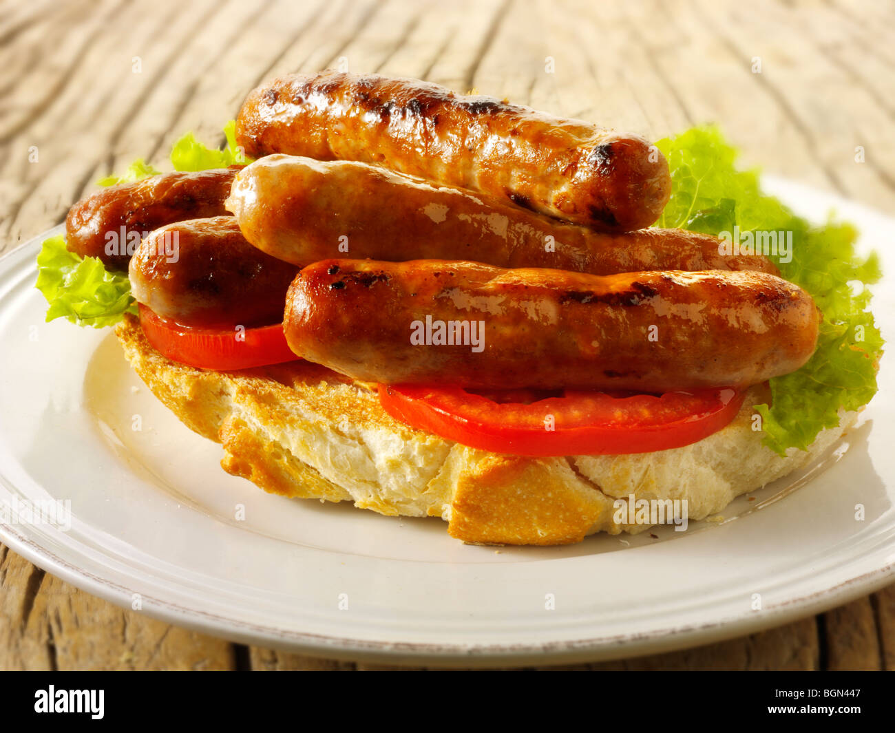 Chipolata Sausage sandwich. Stock Photo