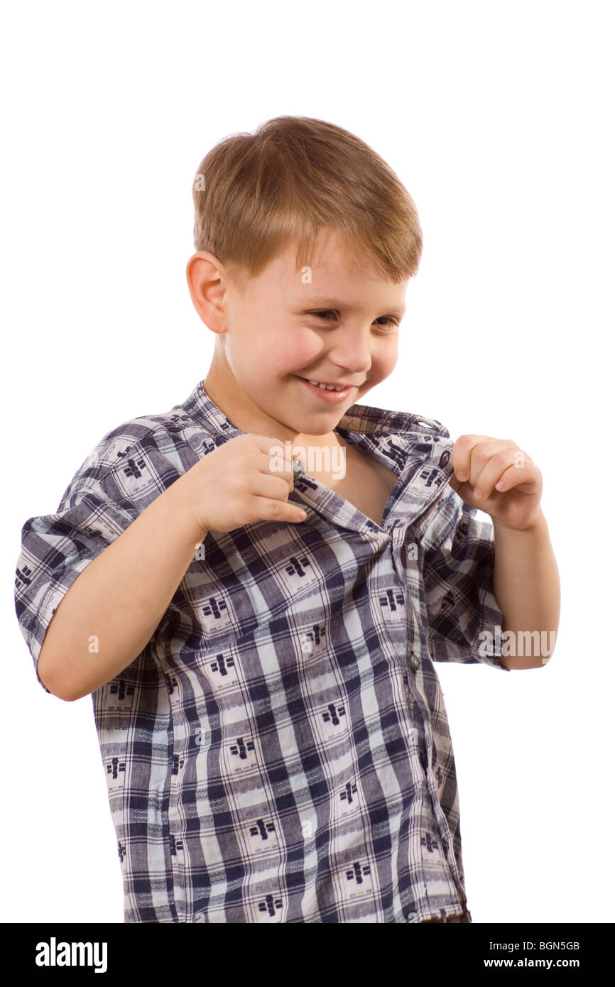 Young boy make funny poses isolated on white background Stock Photo - Alamy