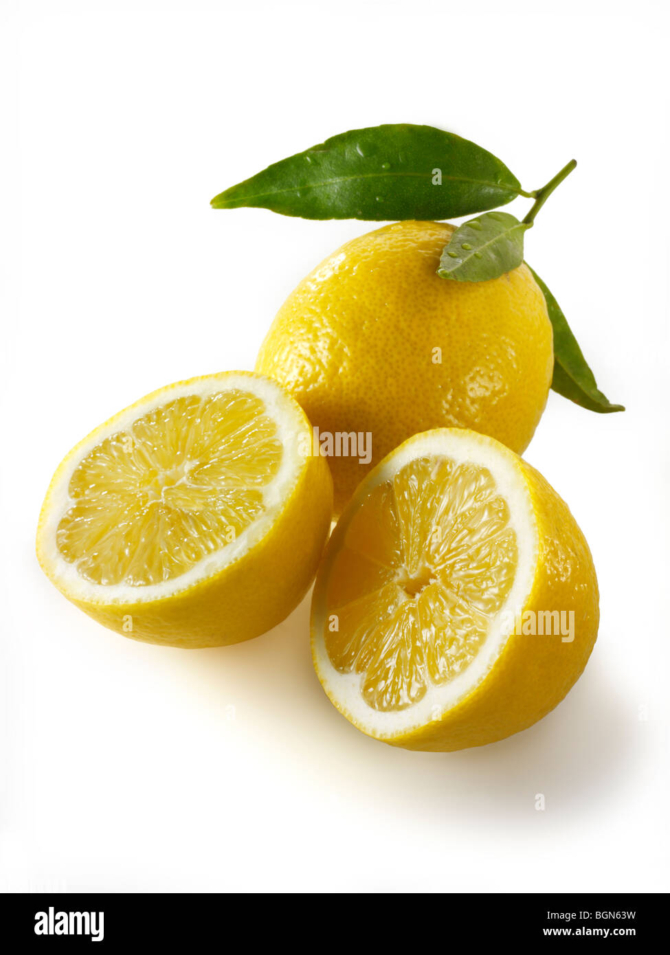 Fresh whole and cut lemons with leaves against white background Stock Photo