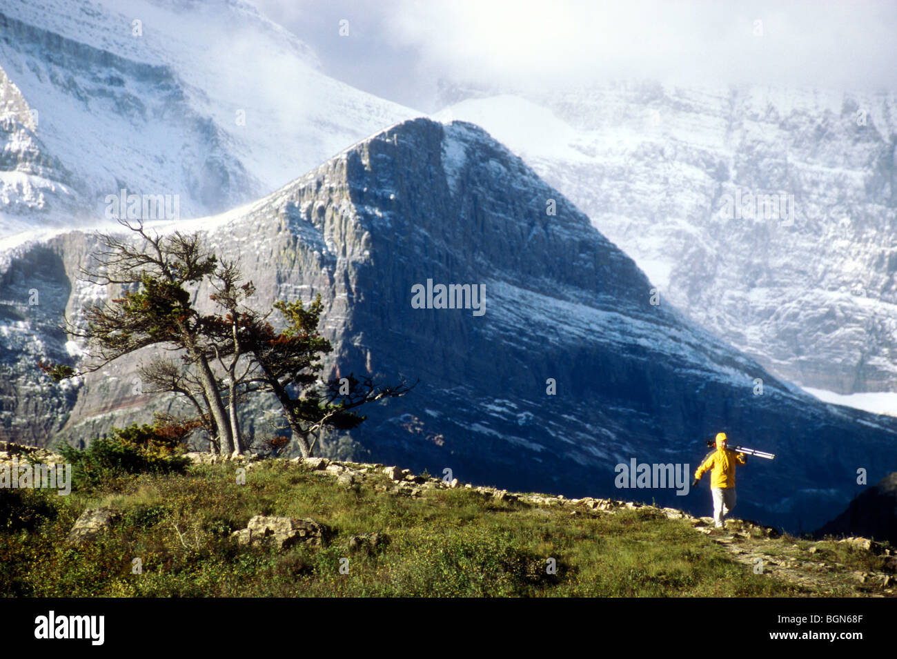 Photographer near Many Glacier, Glacier NP, Rocky Mountains, USA Stock Photo