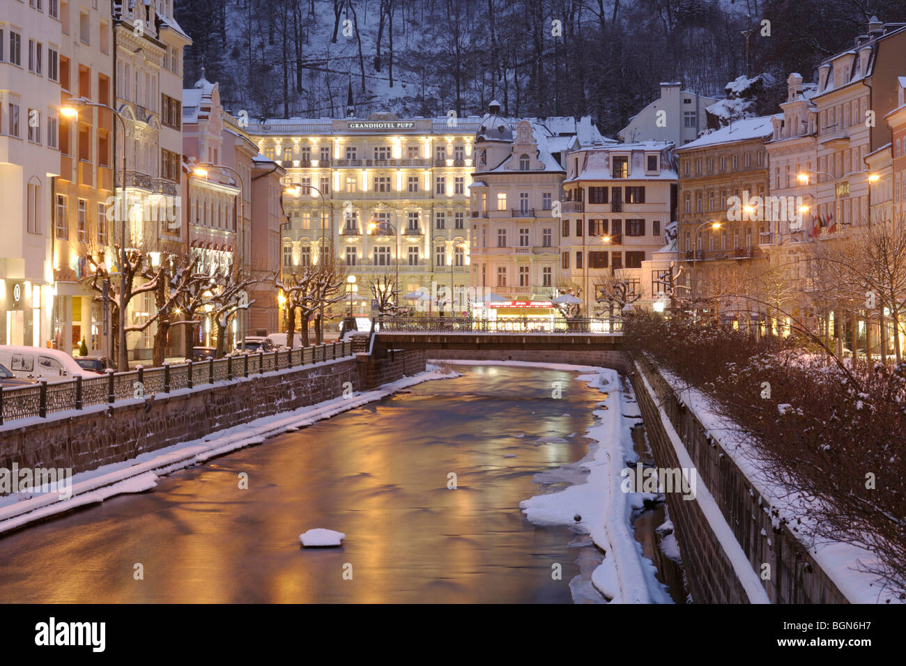 Historic old town of Karlsbad at night, Carlsbad, Karlovy Vary, west Bohemia, Czech republic,Europe Stock Photo