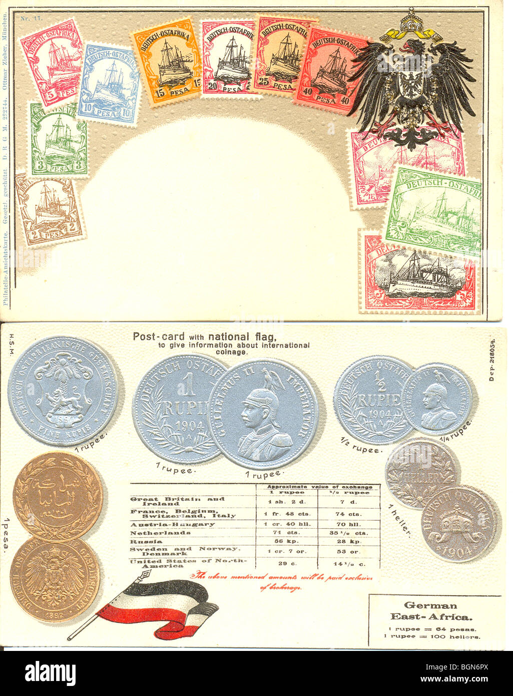 postcards showing the stamps and coinage of  German East Africa (Tanganyika) Stock Photo