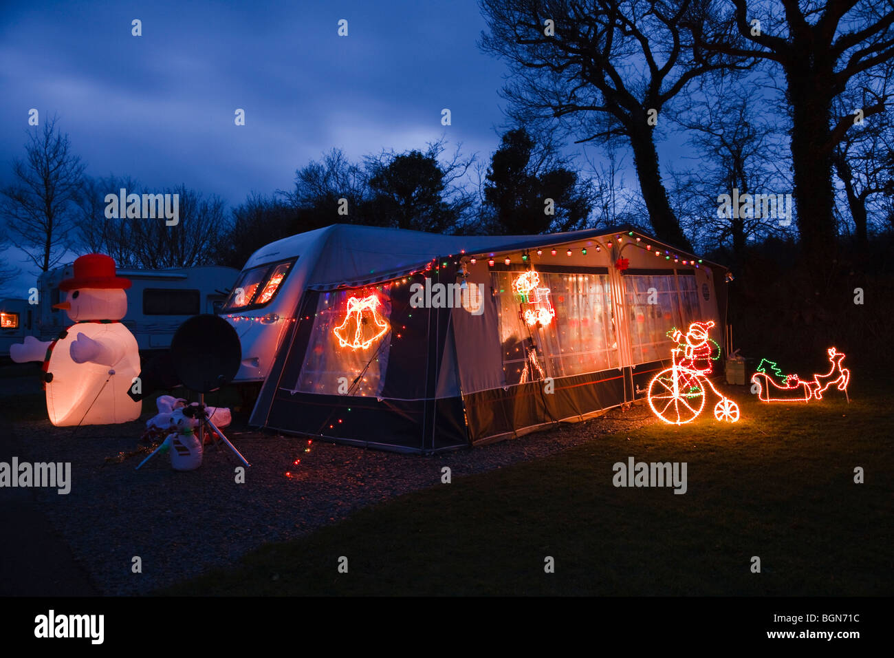 Christmas lights on a caravan at the Tavistock Camping and Caravanning Club campsite, Devon Stock Photo