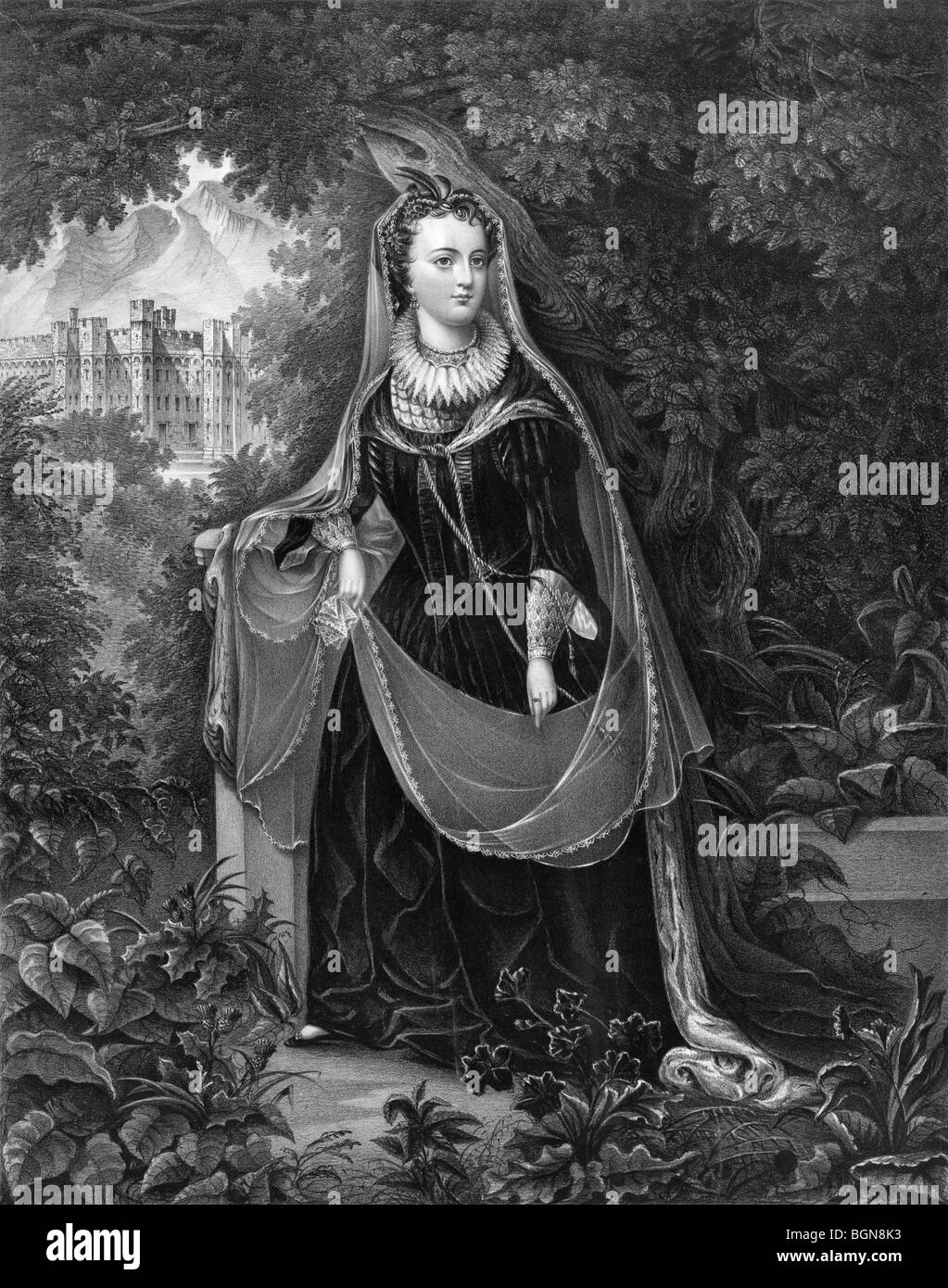Portrait print circa 1866 of Mary I of Scotland, also known as Mary Queen of Scots (1542 - 1587). Stock Photo