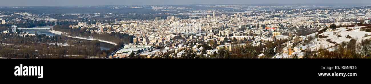 An aerial panoramic view of the Vichy spa town (Allier - France). Vue aérienne et panoramique de la ville de Vichy (France). Stock Photo