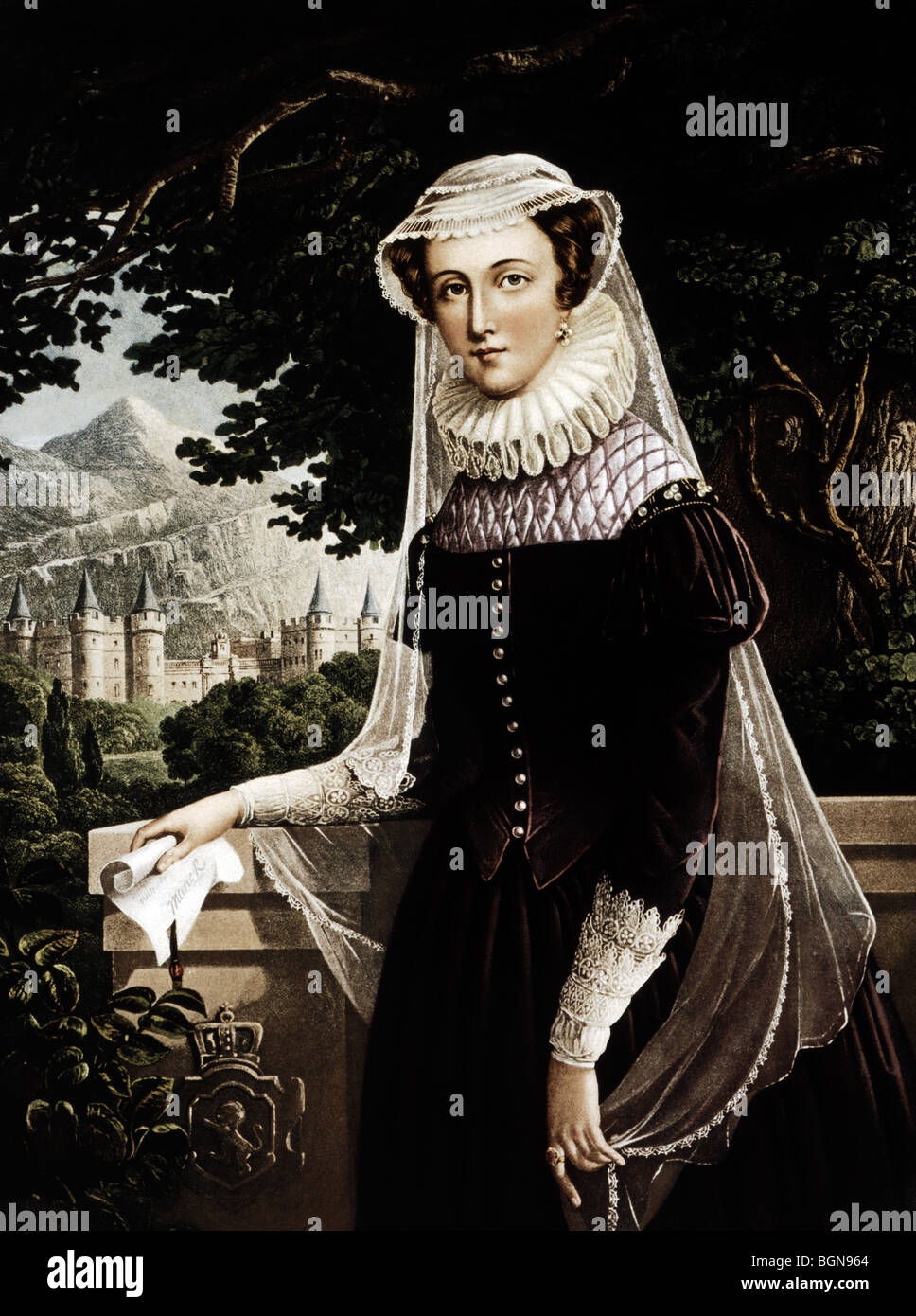 Portrait print circa 1890s of Mary I of Scotland, also known as Mary Queen of Scots (1542 - 1587). Stock Photo