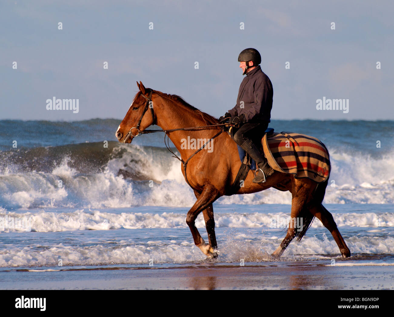 Horse and jockey on the beach, North Cornwall. Stock Photo