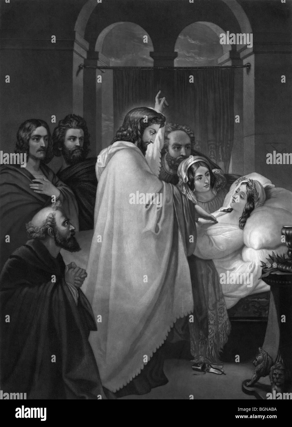 Print engraving circa 1866 depicting Jesus Christ raising the daughter of Jairus from the dead. Stock Photo