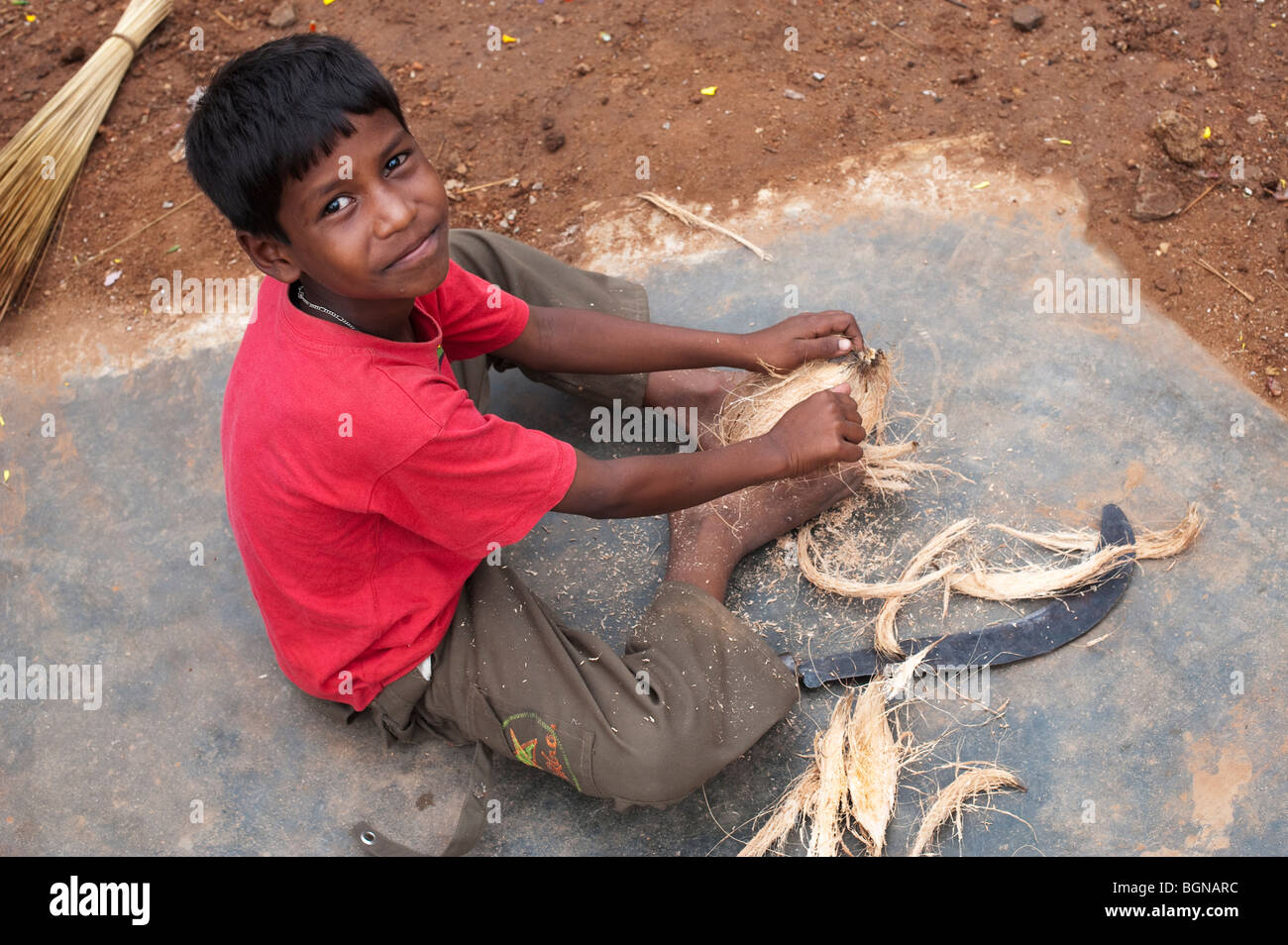 Indian boy peeling the husk off a coconut.  Andhra Pradesh, India Stock Photo