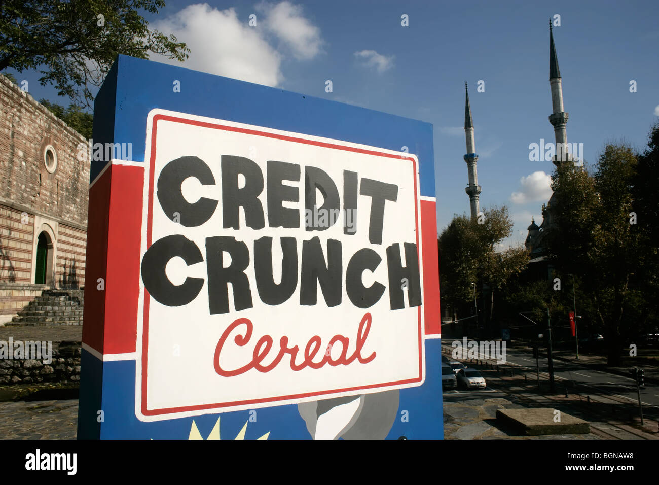 Credit Crunch Cereal exhibit at the City and Art exhibition in Tophane, Istanbul, Turkey Stock Photo