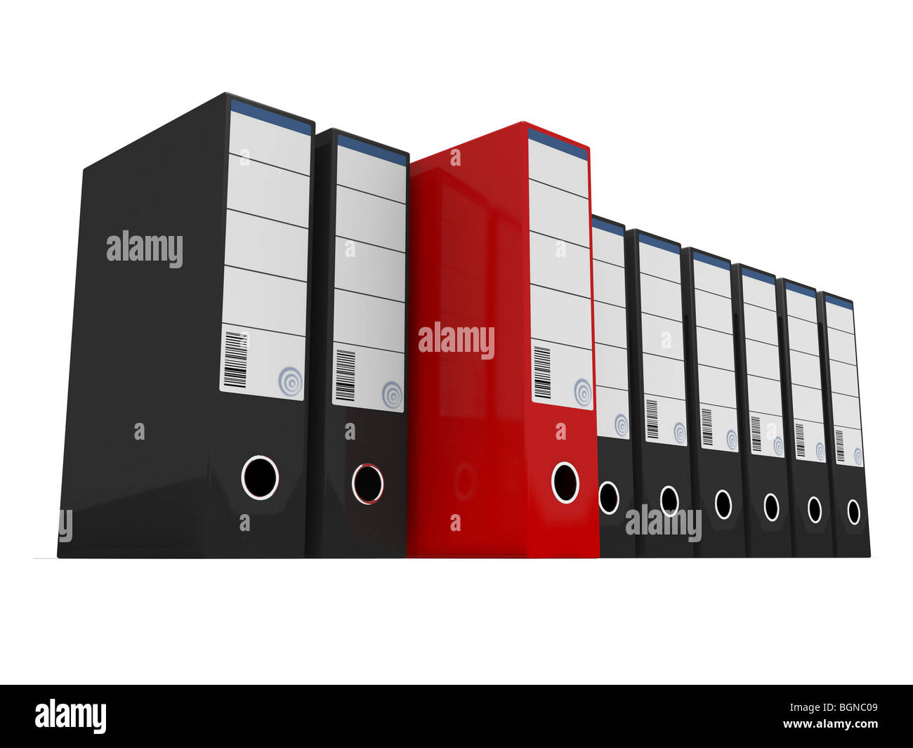 Filing boxes in black with a red one standing out isolated on white