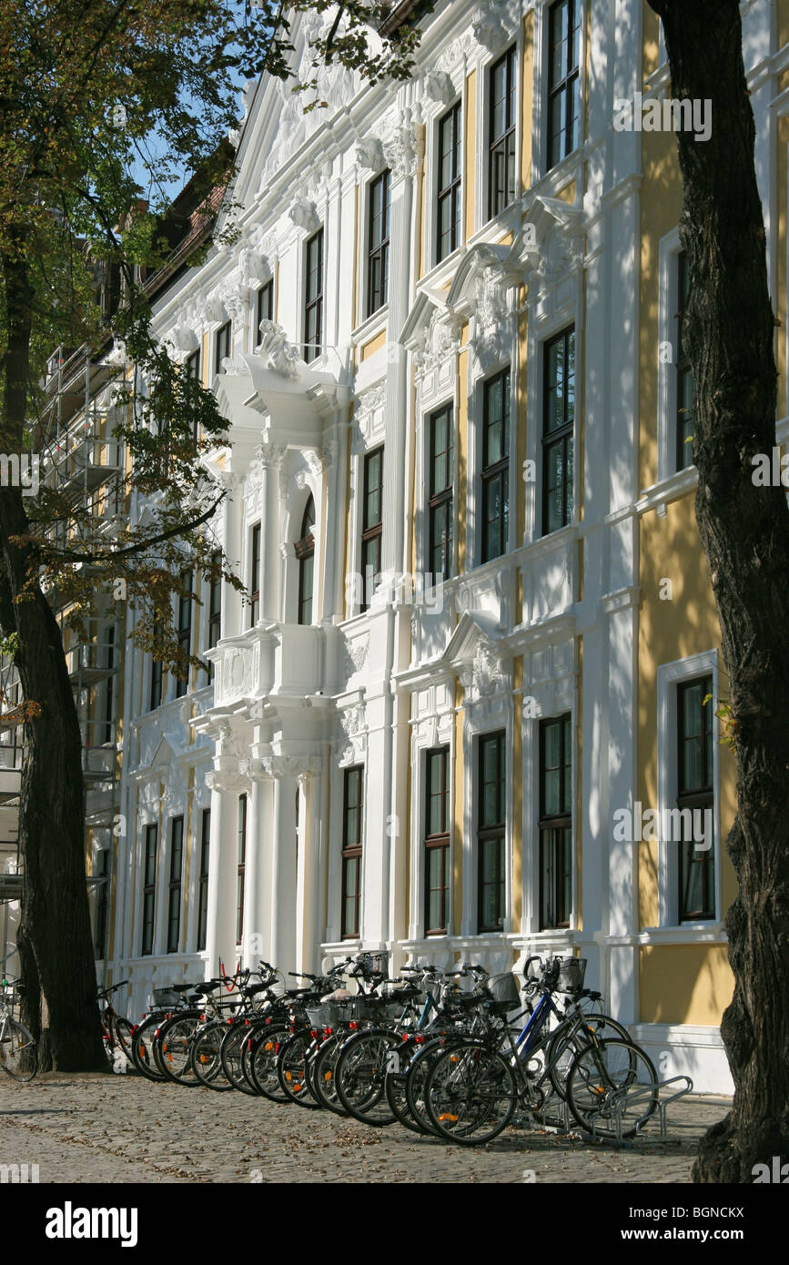 Bicycles in front of historical house, Magdeburg, Germany Stock Photo