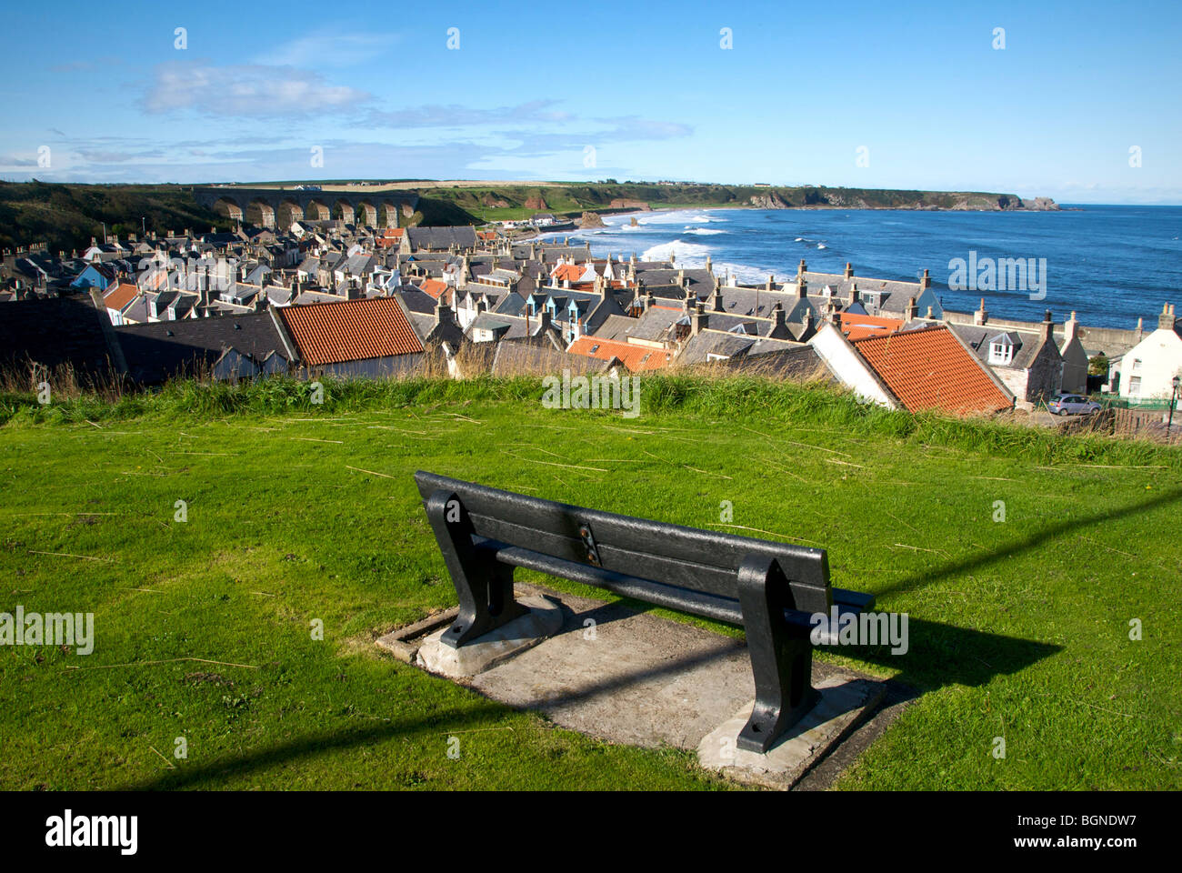 Buckie Moray Scotland UK Town Sea Harbour Roofs Bench Stock Photo