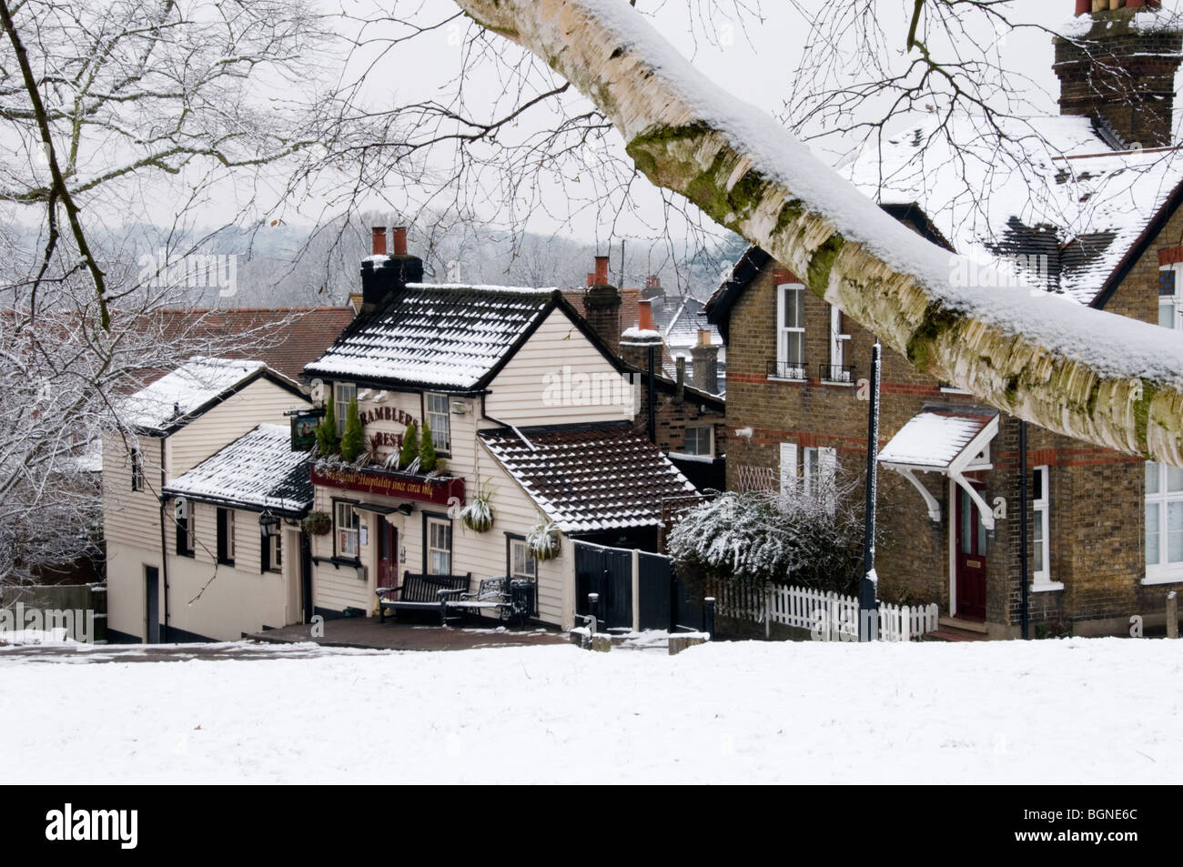 The Ramblers Rest pub in snow at Chislehurst, Kent, England Stock Photo