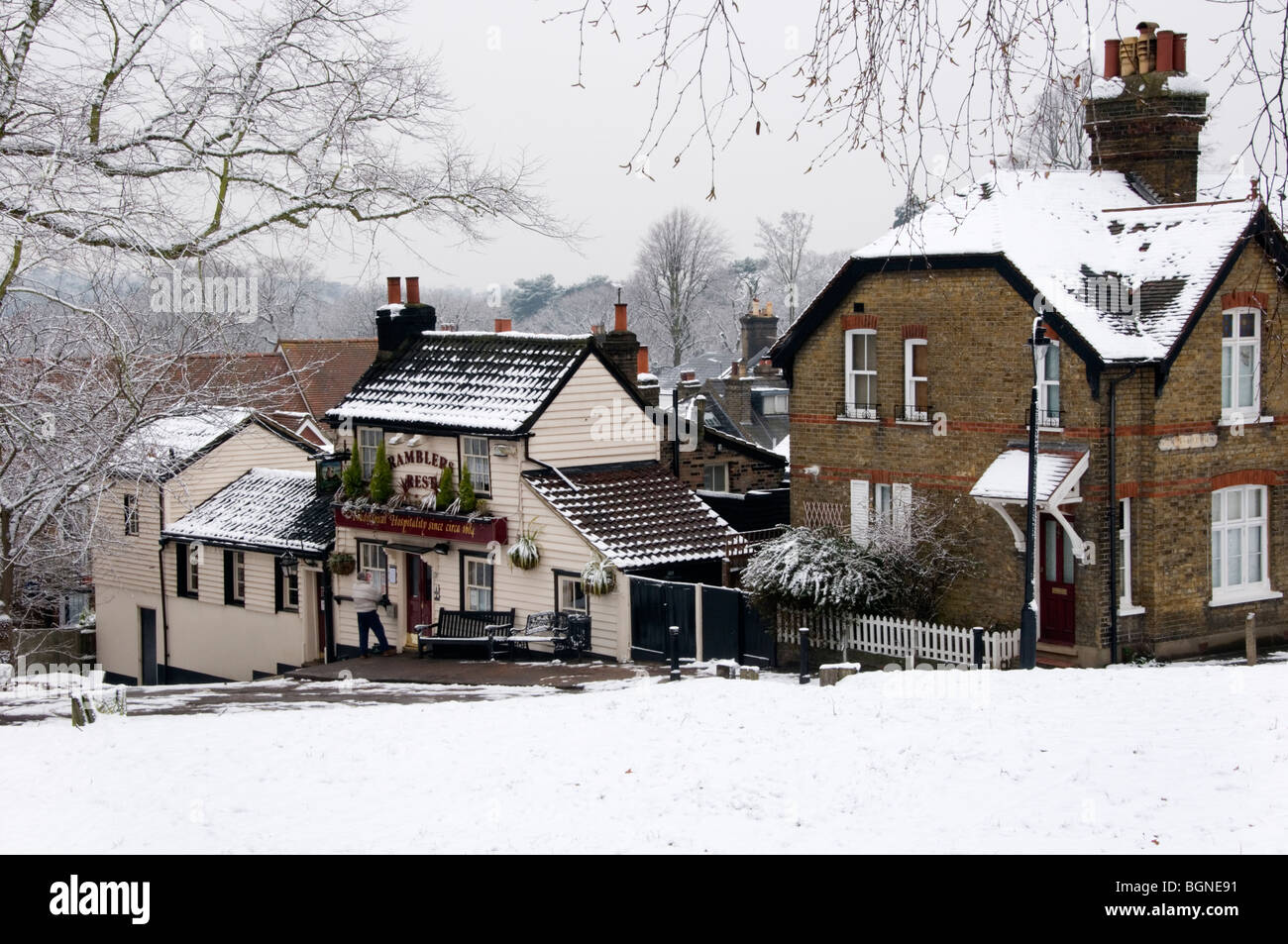 Mill Place and The Ramblers Rest pub in snow at Chislehurst, Kent