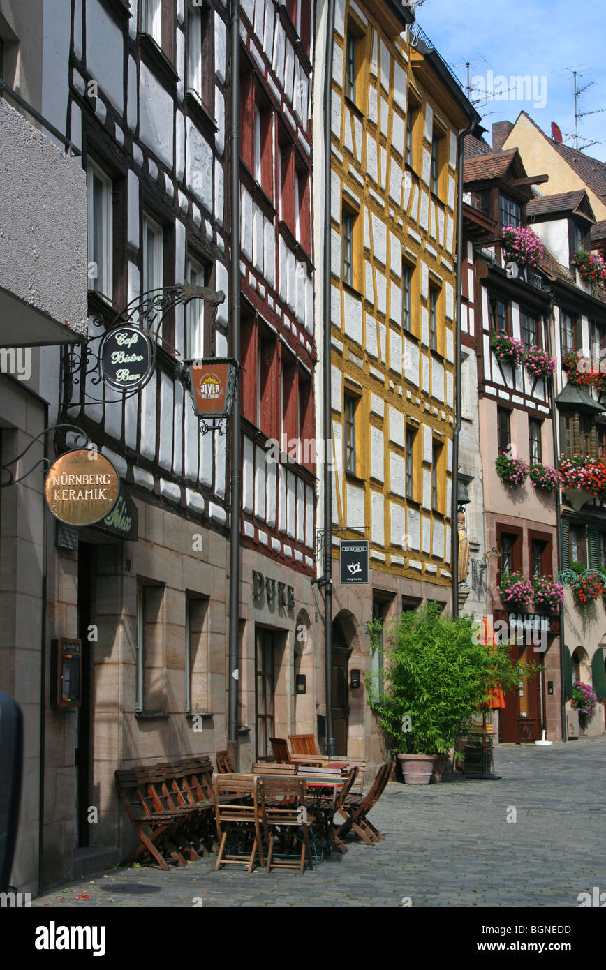Street with traditional colourful houses at Nuremberg, Germany Stock