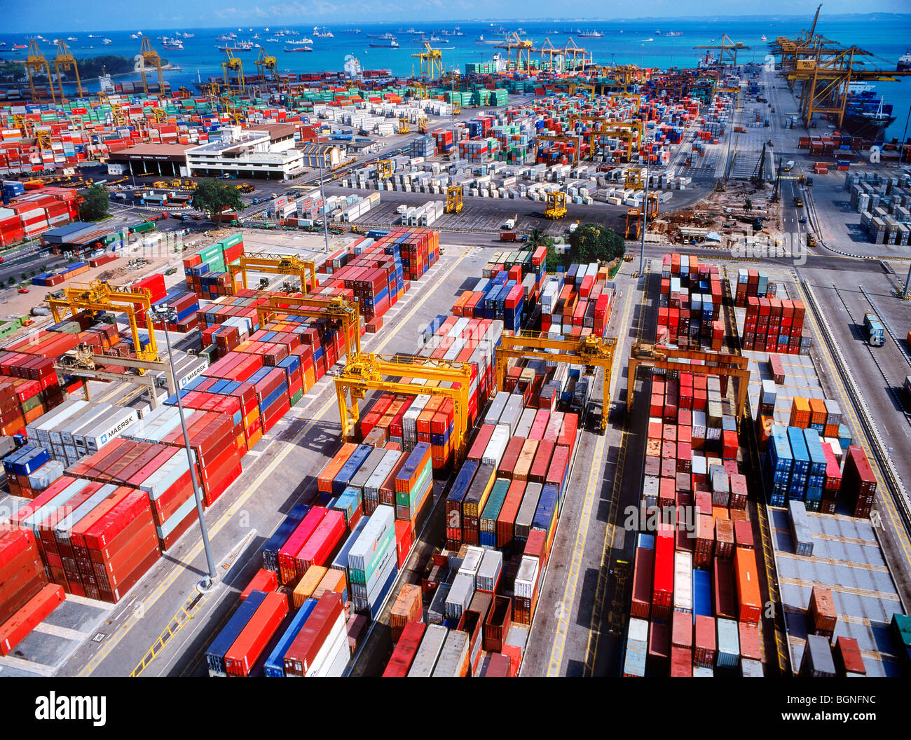 Overview of cargo container docks in Singapore packed with boxes and