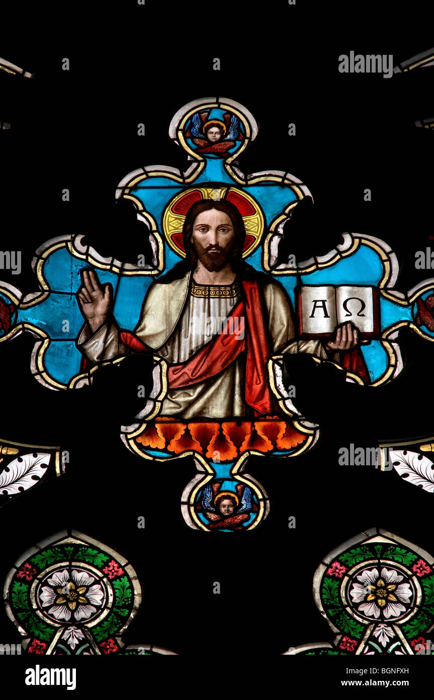 Jesus Christ - detail of the color window - bullseye pane - lattice window Stock Photo