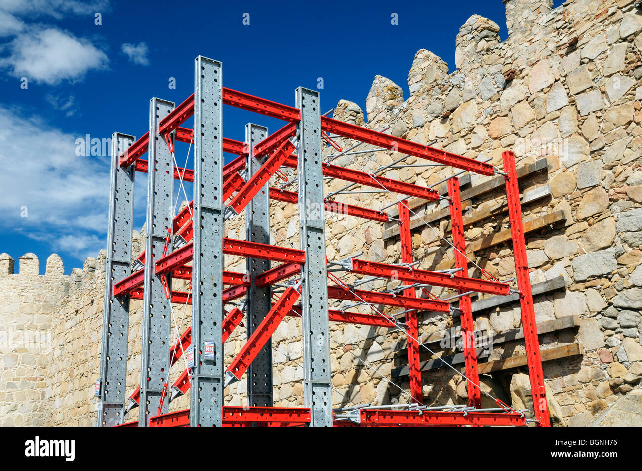 Specialized scaffolding steel girders for structural reinforcement, City walls of Avila, Spain Stock Photo