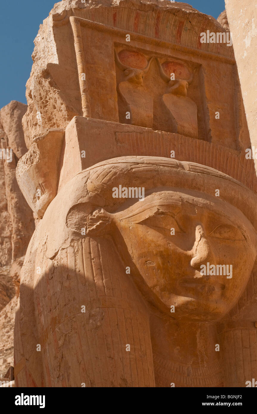 Female statuary detail from the Temple of Hatsehpsut in Luxor, Egypt. Stock Photo