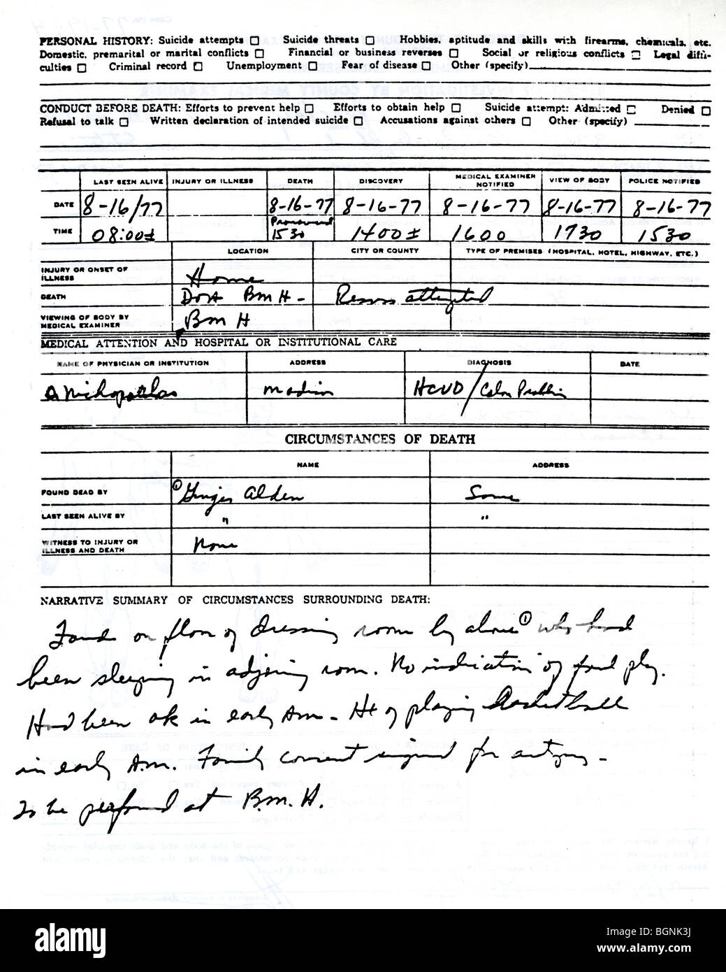 ELVIS PRESLEY -  Page two of the autopsy report by the Memphis County Medical Examiner after his death in 1977 Stock Photo