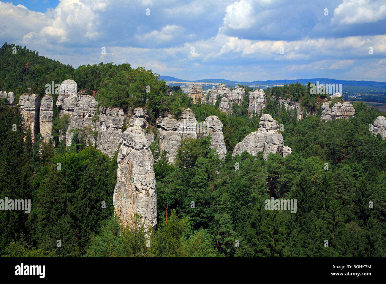 Sandstone rock formations in forest, Giant Mountains / Karkonosze, Czech Republic Stock Photo