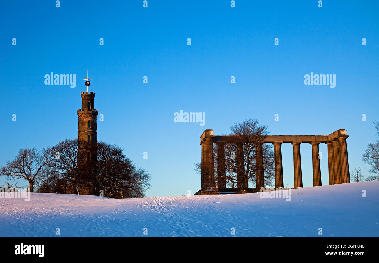 Sunrise Winter snow scene, Calton Hill, Edinburgh Scotland UK Europe Stock Photo