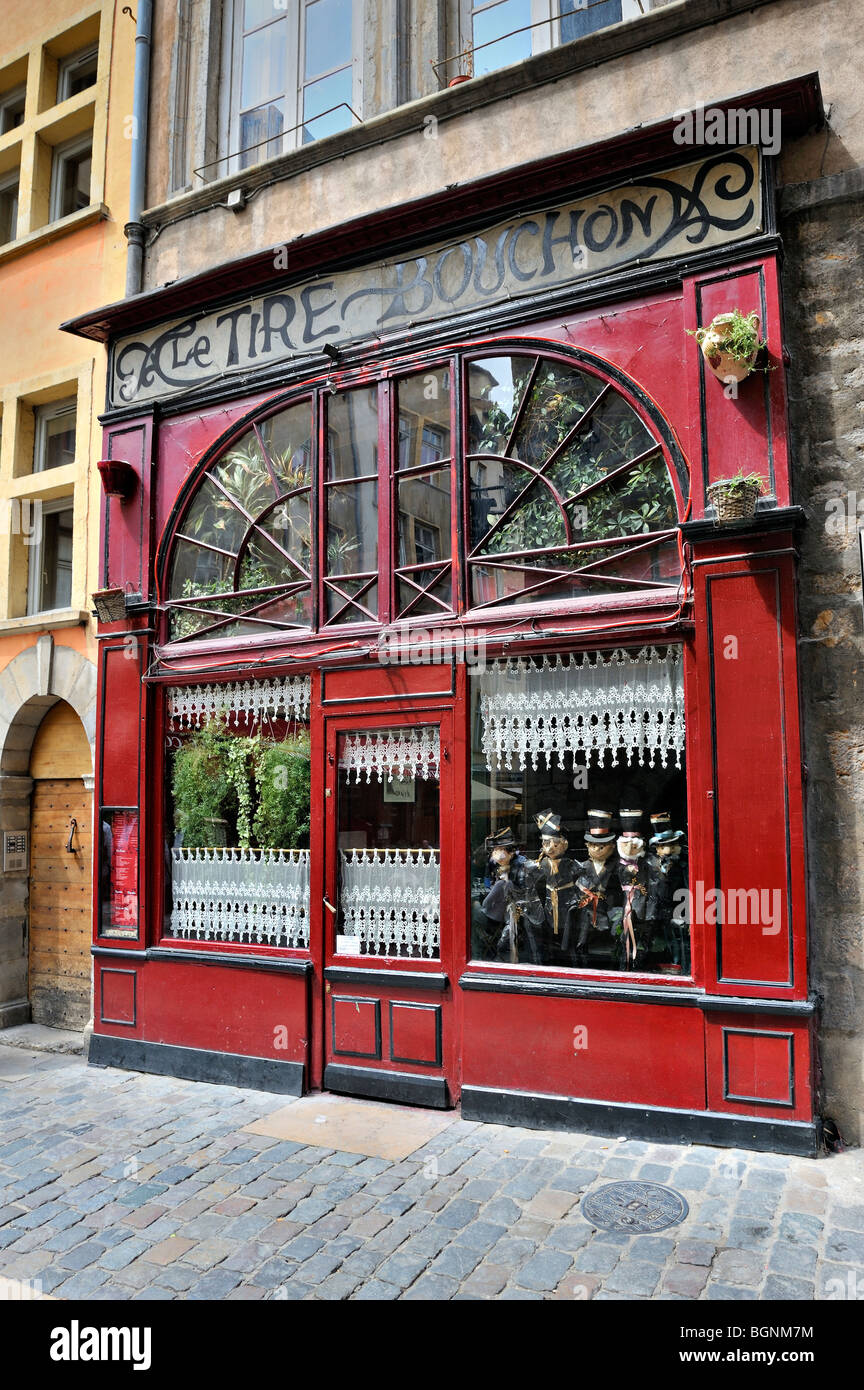 Tipycal and famous restaurant at rue du Boeuf, Lyon, France. Stock Photo