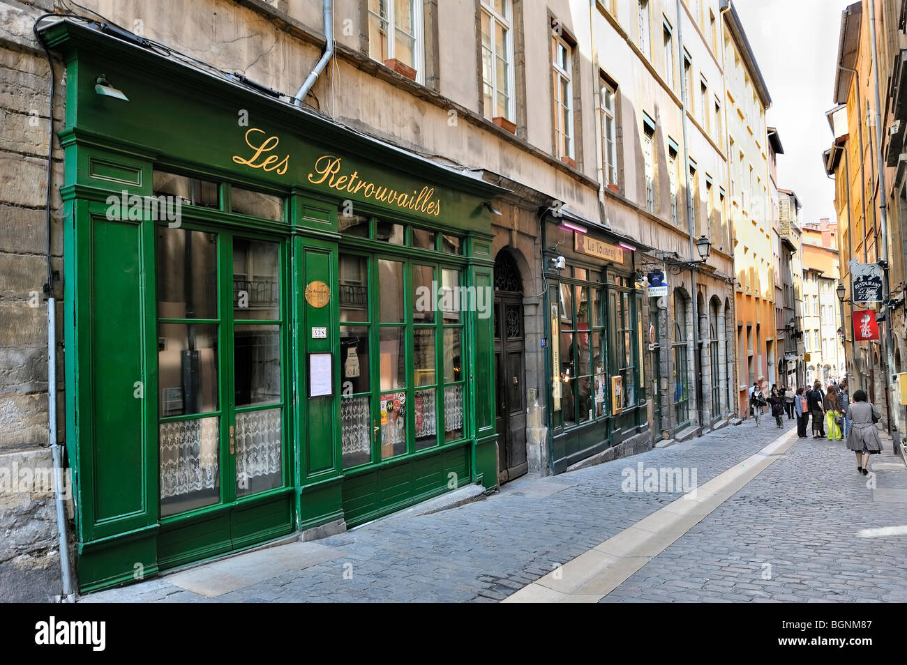 Tipycal and famous restaurant at rue du Boeuf, Lyon, France. Stock Photo