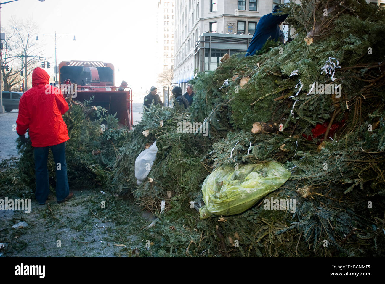 Workers for the Alliance for Downtown New York throw discarded