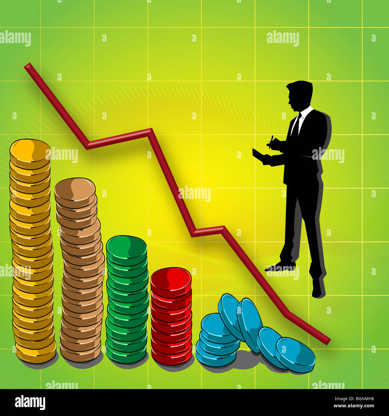 graphline and bar graph of coins, business man silhouette Stock Photo