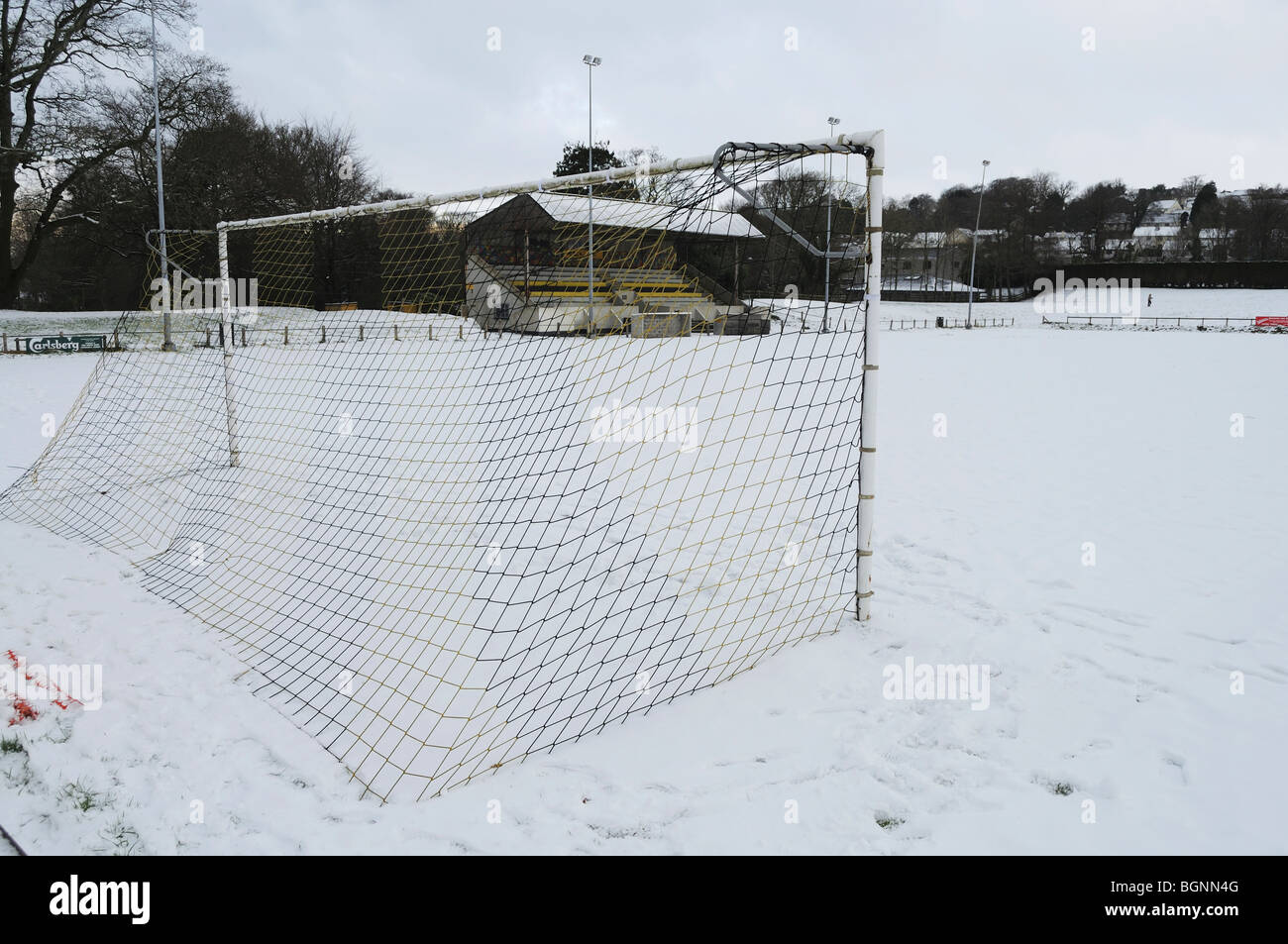 a snow covered pithc at bodmin town afc in cornwall, uk Stock Photo