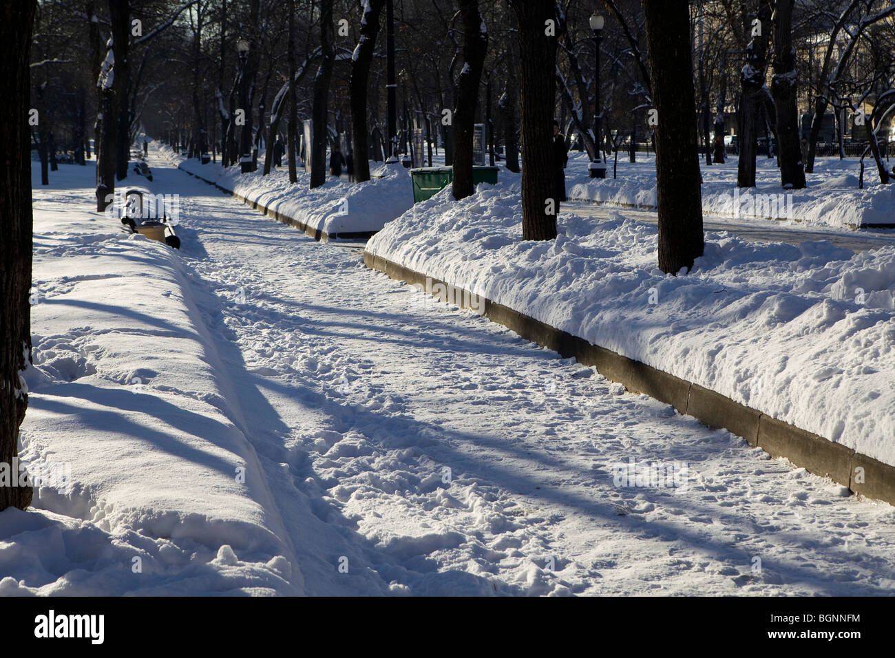 Two benches covered with snow. Tverskoy boulevard. Moscow. Russia Stock Photo