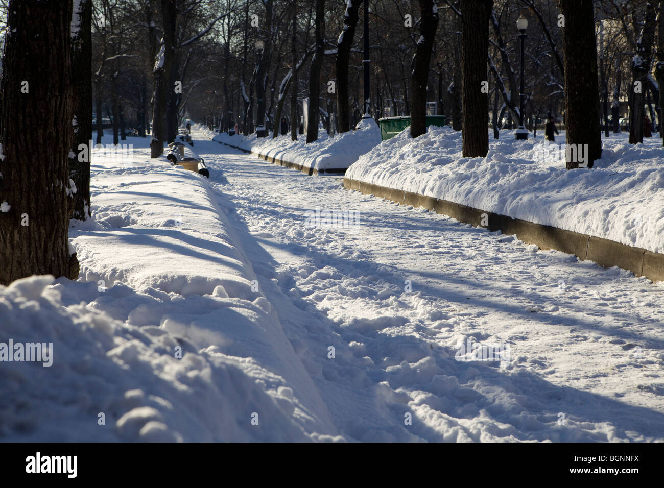 Two benches covered with snow. Tverskoy boulevard. Moscow. Russia Stock Photo