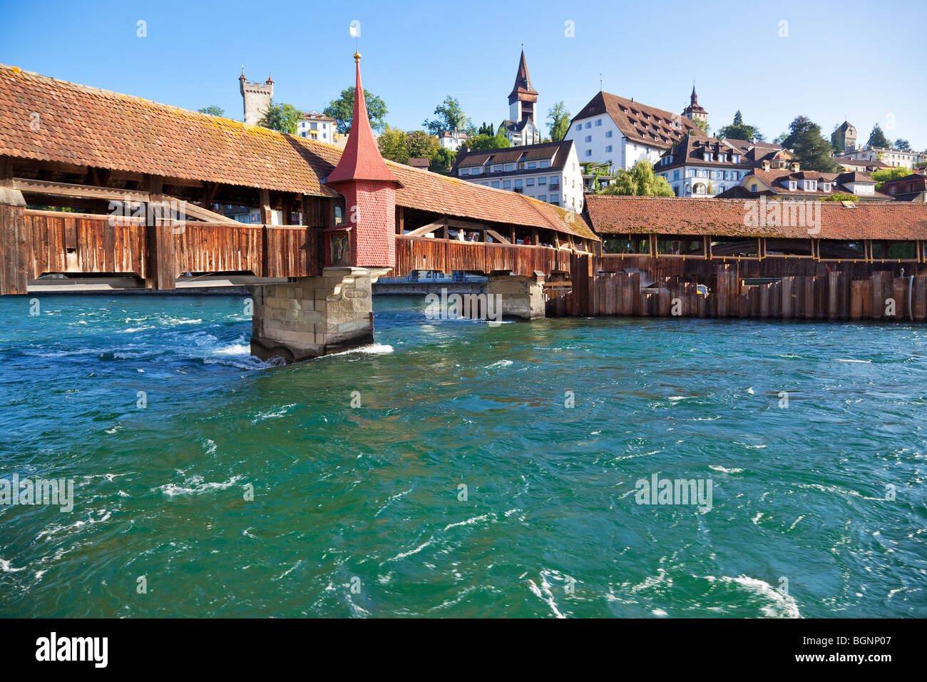 Wooden bridge in Lucerne Switzerland. Stock Photo