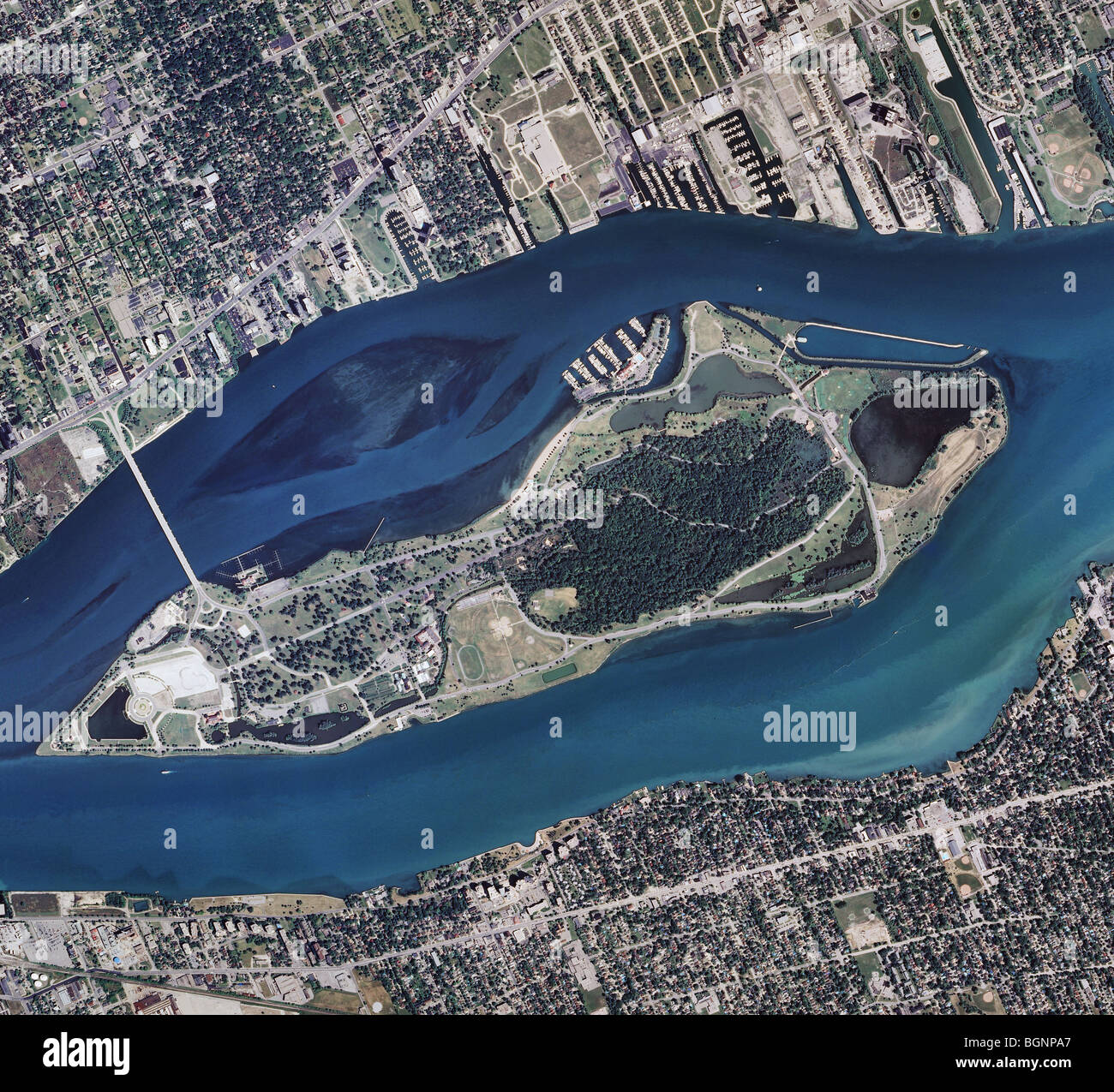 aerial map view above Belle Isle MacArthur Bridge Detroit Yacht Club Detroit River Michigan Stock Photo