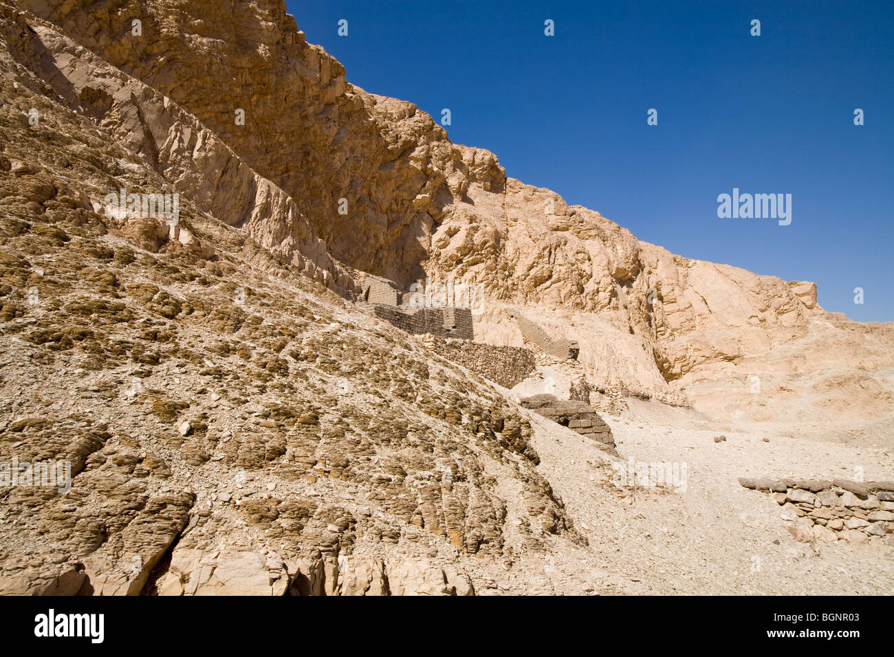 View of Theban Hills above Deir el-Medina, worker's village near Valley of The Kings, West Bank of Nile, Luxor, Egypt Stock Photo